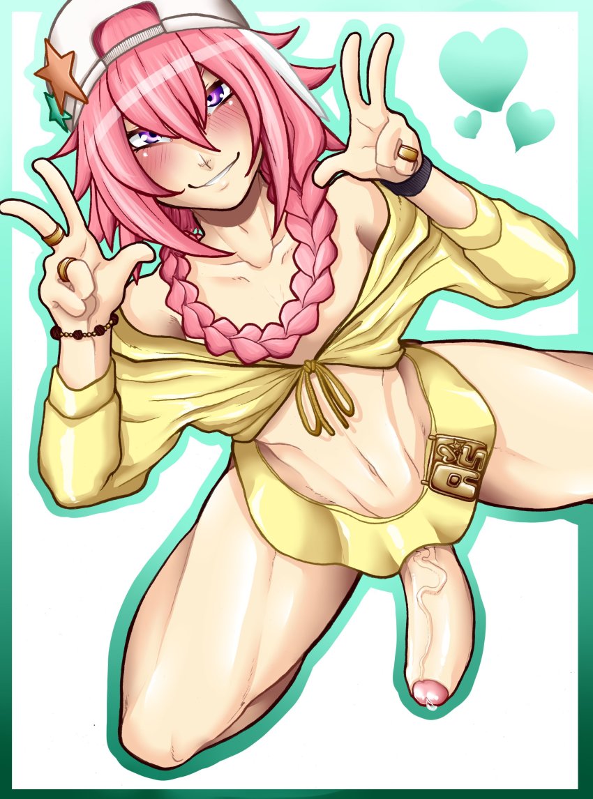 1boy absurdres androgynous astolfo_(fate) erection fate_(series) foreskin highres looking_at_viewer male_focus penis solo tammaro tammdraws trap veins veiny_penis