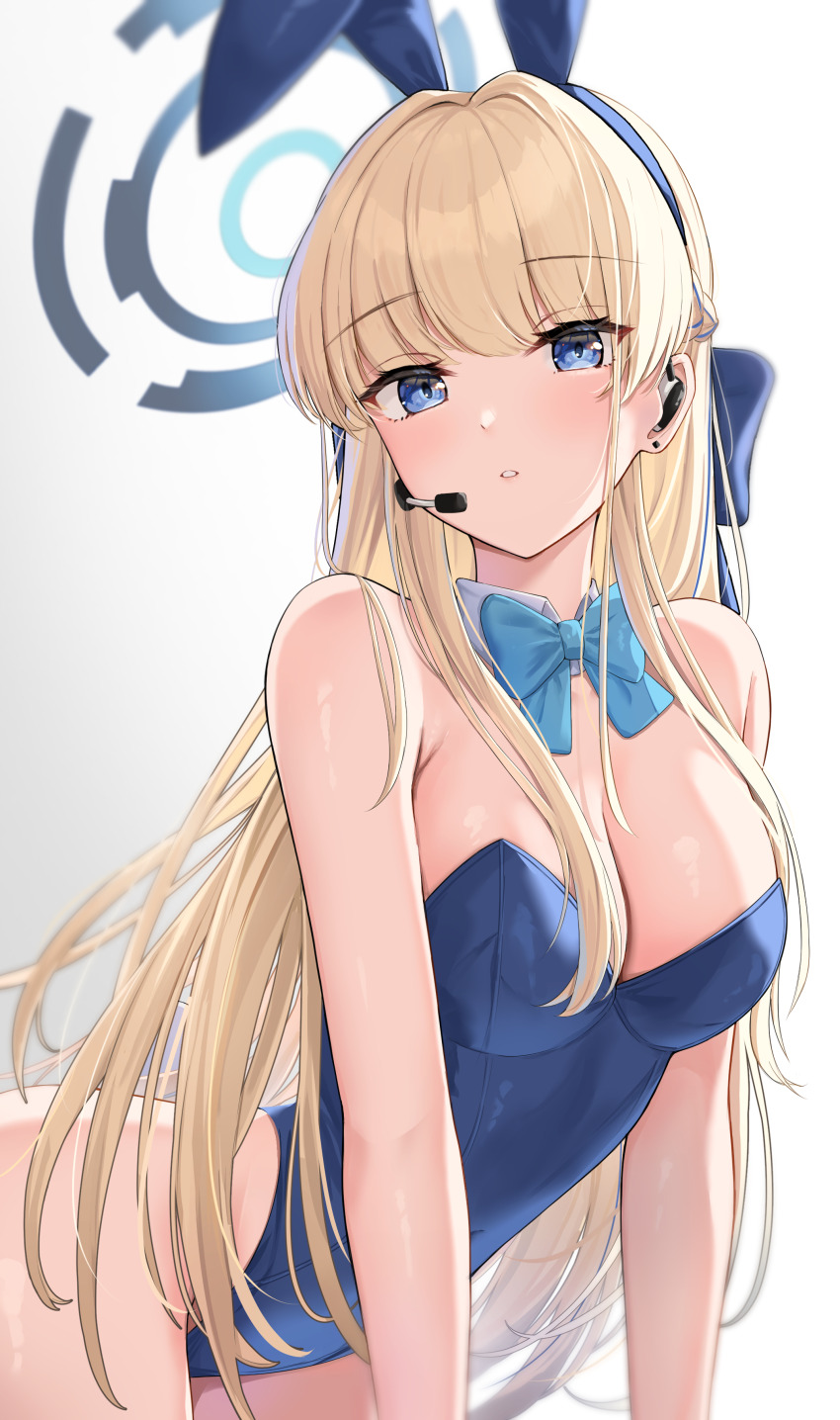 1girl absurdres animal_ears aqua_bow aqua_bowtie bare_shoulders blonde_hair blue_archive blue_eyes blue_leotard blush bow bowtie breasts cleavage commentary_request detached_collar earpiece fake_animal_ears gradient_background halo highleg highleg_leotard highres honome_sui large_breasts leotard long_hair looking_at_viewer parted_lips playboy_bunny rabbit_ears solo toki_(blue_archive) toki_(bunny)_(blue_archive)