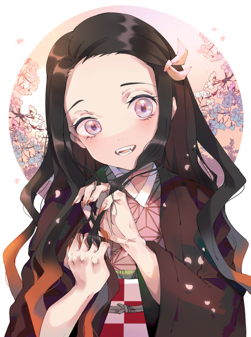 1girl :d black_hair blue_flower brown_hair checkered_sash commentary_request fangs floral_background flower forehead gradient_hair hair_ribbon hands_in_hair hands_up highres japanese_clothes kamado_nezuko kayanogura kimetsu_no_yaiba kimono long_hair long_sleeves looking_at_viewer lower_teeth_only multicolored_hair obi open_clothes open_mouth petals pink_eyes pink_flower pink_kimono pink_ribbon ribbon sash smile solo teeth upper_body upper_teeth_only very_long_hair white_background wide_sleeves