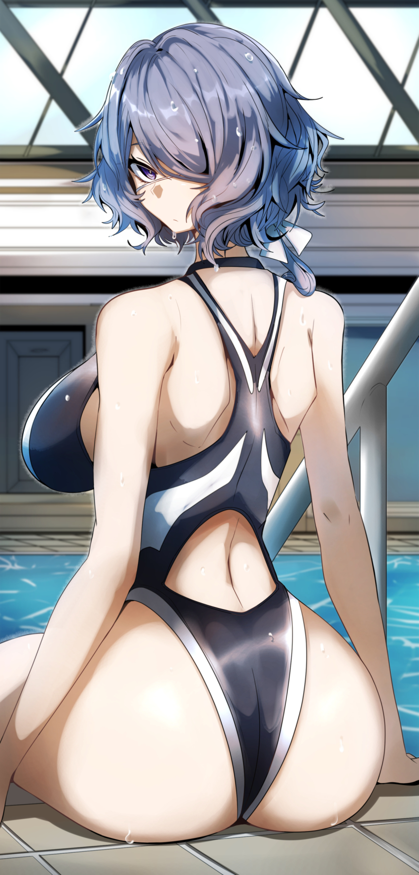 1girl absurdres arknights ass breasts competition_swimsuit gin_moku hair_over_one_eye highres huge_ass large_breasts looking_at_viewer medium_hair one-piece_swimsuit solo swimsuit whisperain_(arknights)