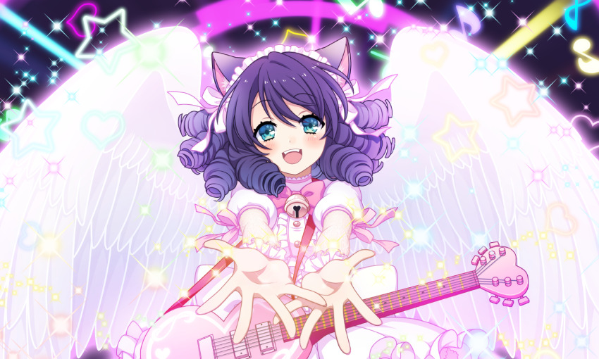 1girl :d angel_wings animal_ear_fluff animal_ears artist_request bell blue_eyes blue_hair bow bowtie cat_ears cat_girl cat_tail center_frills cowboy_shot cyan_(show_by_rock!!) dress drill_hair electric_guitar feathered_wings foreshortening frilled_dress frilled_hairband frills guitar hairband instrument looking_at_viewer musical_note neck_bell official_art open_mouth outstretched_arms pink_bow pink_bowtie puffy_short_sleeves puffy_sleeves reaching reaching_towards_viewer short_hair short_sleeves show_by_rock!! smile solo sparkle tail third-party_source white_dress white_hairband white_wings wings