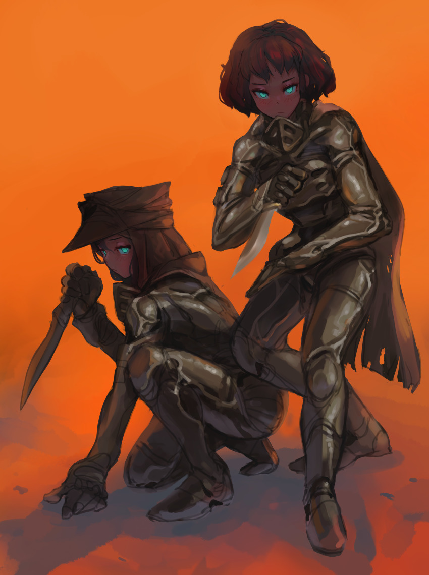 2girls absurdres blue_eyes bodysuit brown_hair cape commentary dark-skinned_female dark_skin desert dune_(2021_movie) dune_(series) english_commentary fremen glowing glowing_eyes highres holding holding_knife knife looking_at_viewer multiple_girls orange_background polilla reverse_grip science_fiction skin_tight squatting stillsuit