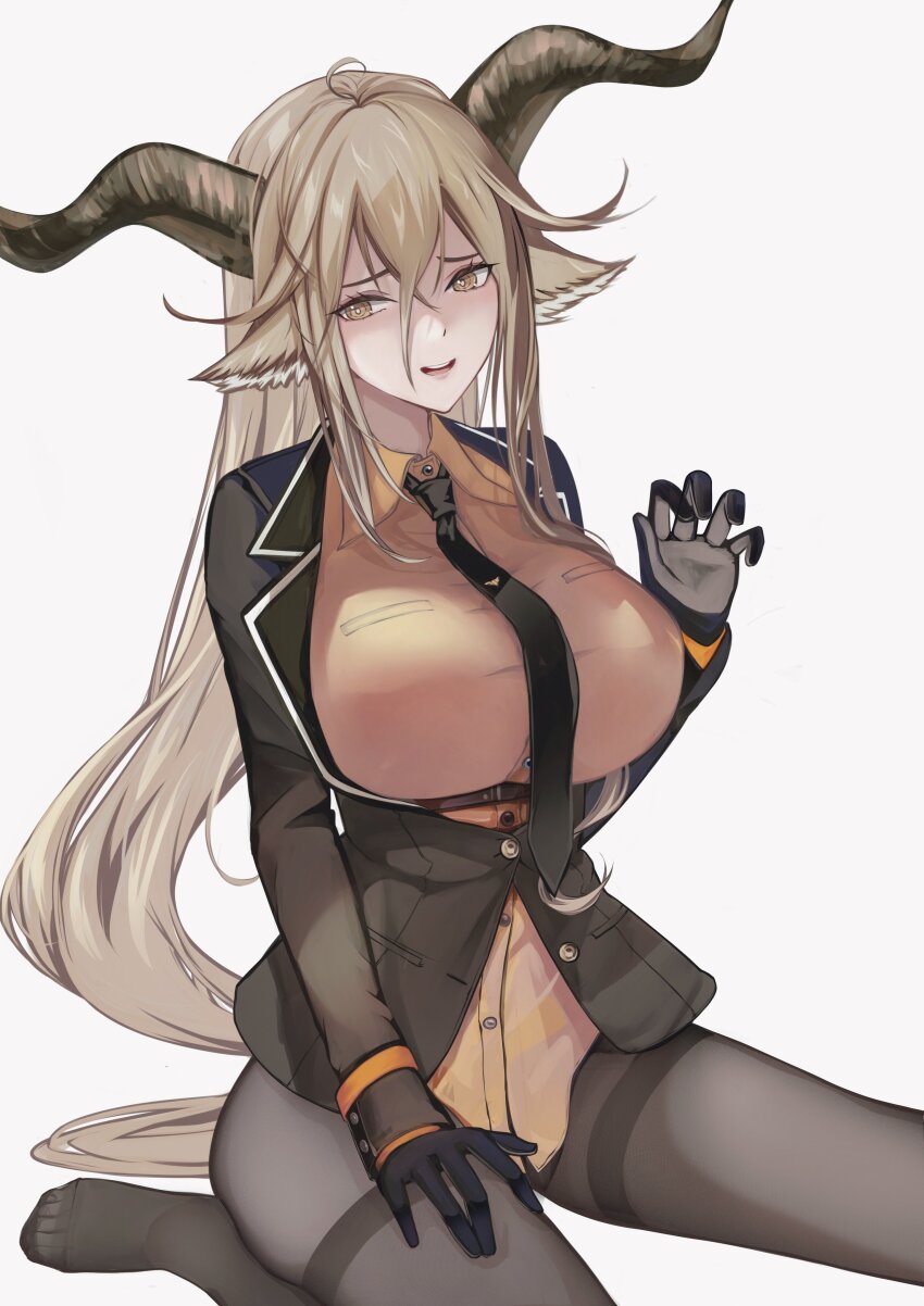 1girl absurdres animal_ears arknights blonde_hair breasts degenbrecher_(arknights) gloves goat_ears goat_girl goat_horns highres horns jacket kyuu_(q_des9) long_hair military_jacket necktie orange_shirt pantyhose shirt simple_background solo very_long_hair white_background yellow_eyes