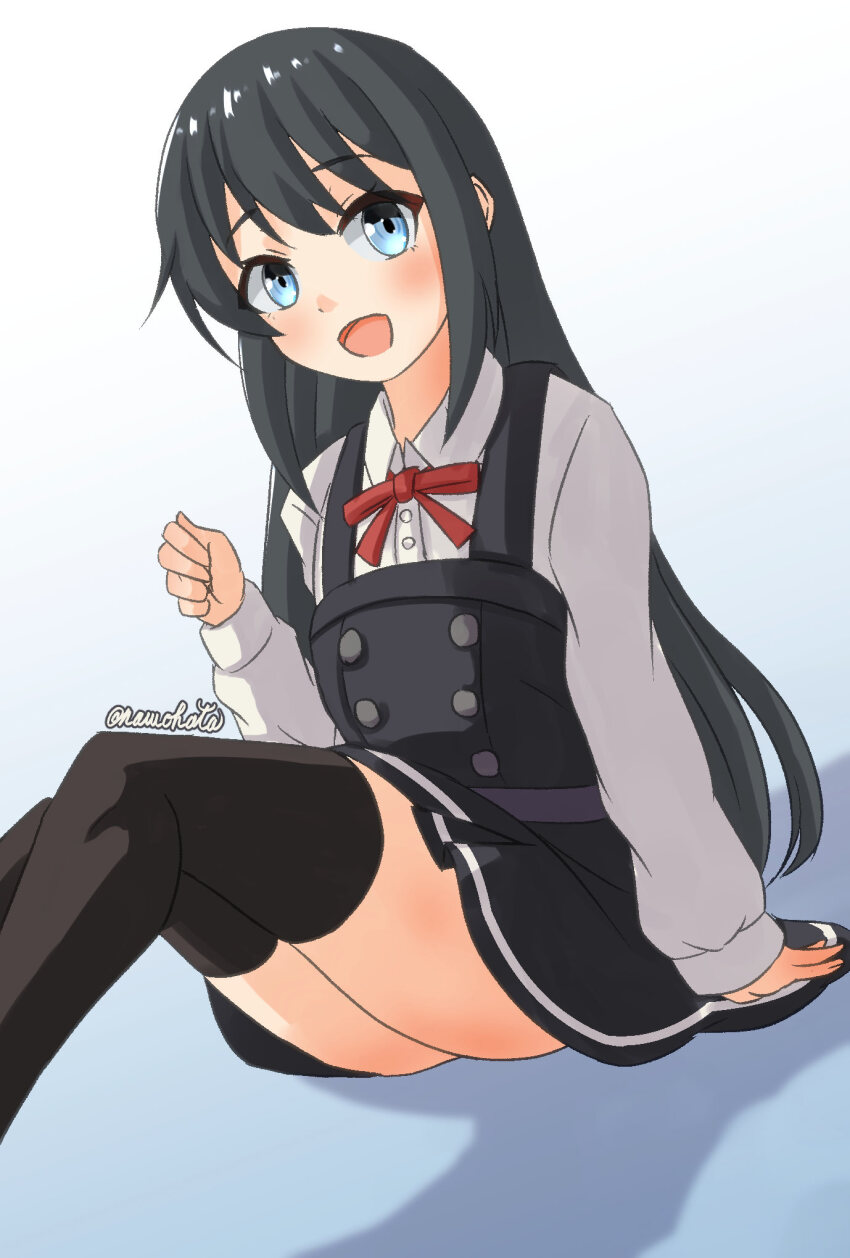 1girl asashio_(kancolle) asashio_kai_ni_(kancolle) black_dress black_hair black_thighhighs blue_background blue_eyes collared_shirt dress dress_shirt gradient_background highres kantai_collection long_hair nawohata neck_ribbon one-hour_drawing_challenge pinafore_dress red_ribbon ribbon shadow shirt sitting sleeveless sleeveless_dress smile solo thighhighs white_shirt