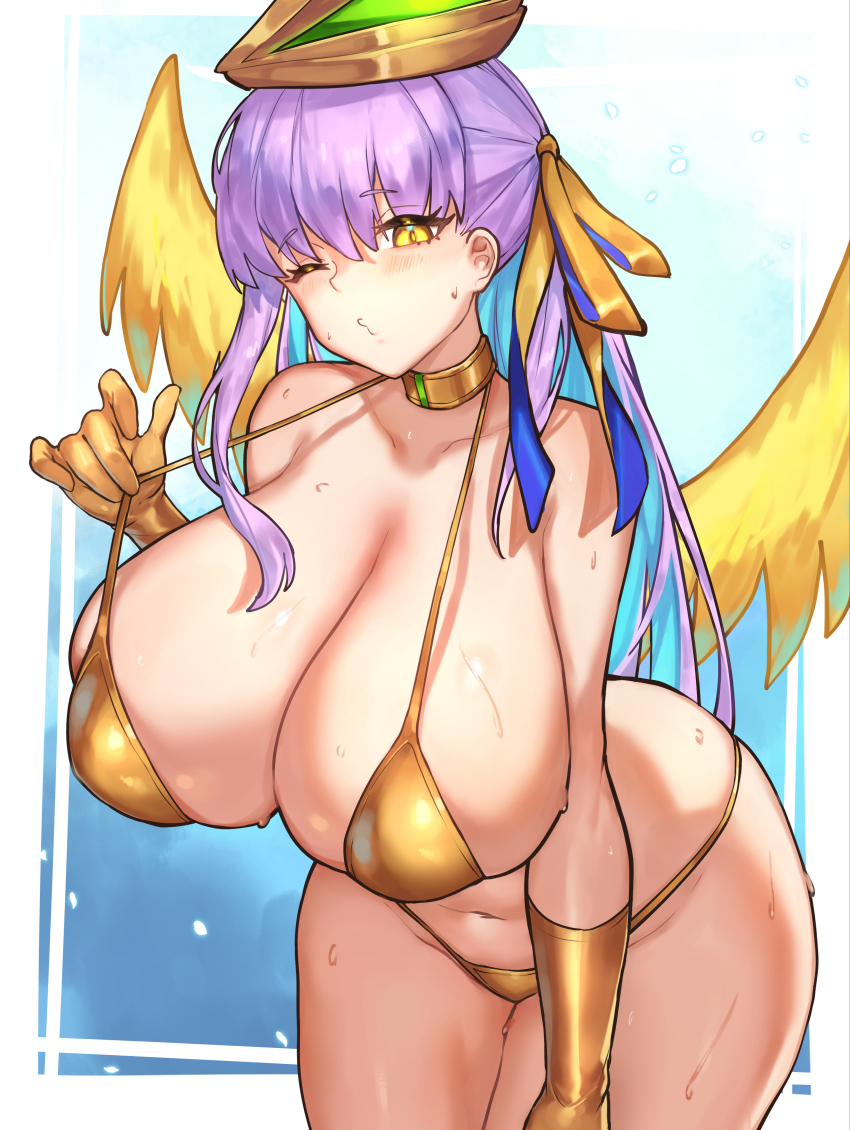 1girl absurdres animal_hat bare_shoulders bb_(fate) bikini blush breasts cleavage collarbone detached_collar elbow_gloves fate/grand_order fate_(series) gloves gold_bikini gold_gloves gold_ribbon golden_bb_(fate) hair_ribbon hat highres large_breasts leaning_forward long_hair looking_at_viewer navel one_eye_closed puckered_lips purple_hair rabbit_hat radishkek ribbon solo swimsuit thighs very_long_hair wings yellow_eyes