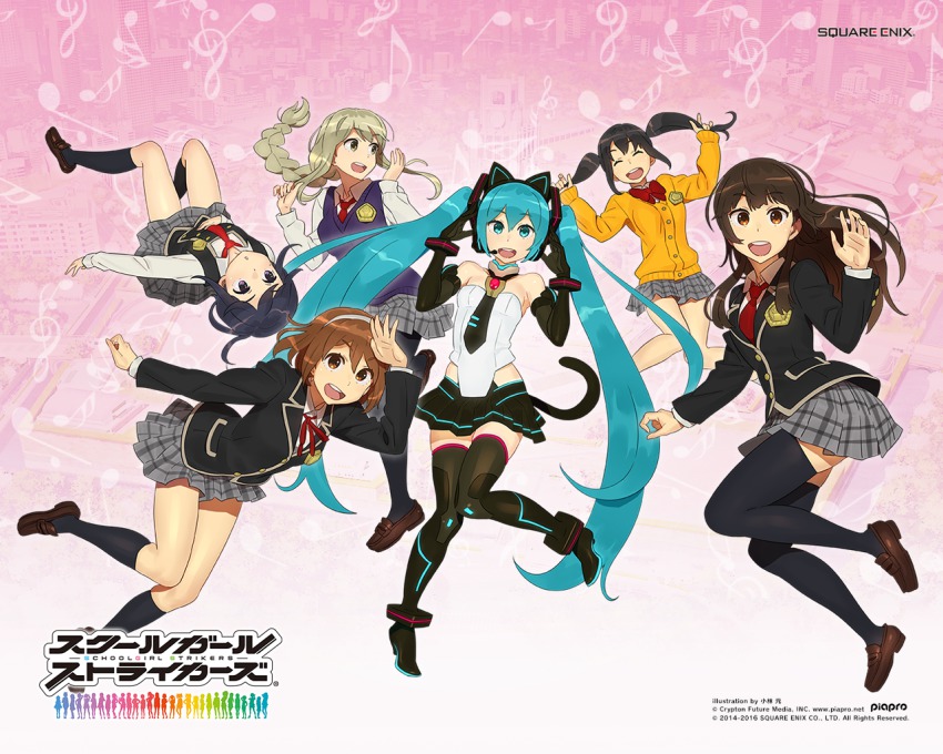 6+girls animal_ears aqua_eyes aqua_hair black_hair black_socks blazer blue_eyes braid breasts brown_eyes brown_hair cardigan cat_ears cat_tail company_name copyright_name hair_between_eyes hairband hatsune_miku headphones jacket kneehighs kobayashi_gen long_hair miyama_tsubame mole mole_under_eye multiple_girls musical_note namori_mana necktie official_art pantyhose pleated_skirt purple_eyes quaver sajima_yumi school_girl_strikers school_uniform shoes short_hair single_braid skirt small_breasts smile socks sumihara_satoka tail thighhighs treble_clef twintails very_long_hair vocaloid yaginuma_io