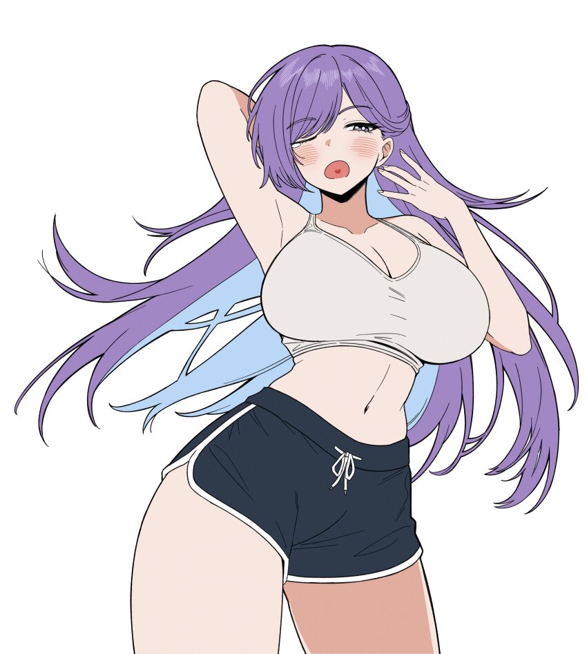 1girl absurdres arm_behind_head arm_up black_shorts blue_hair blush breasts cleavage commentary_request hair_over_one_eye heart heart_in_mouth highres korean_commentary large_breasts long_hair midriff multicolored_hair one_eye_closed open_mouth original purple_eyes purple_hair short_shorts shorts simple_background siribang1215 solo sports_bra tears very_long_hair white_background white_sports_bra yawning