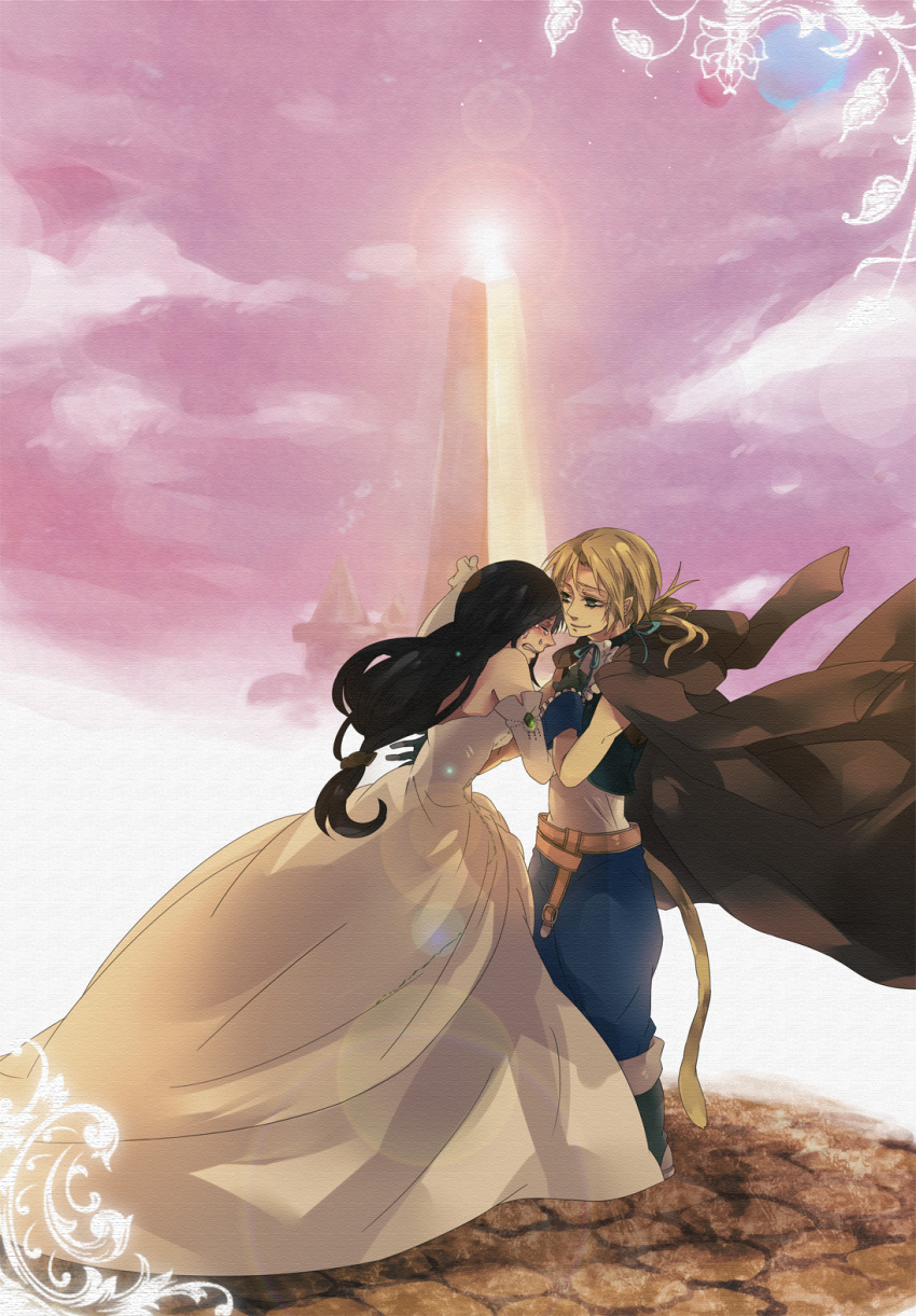 00s 1boy 1girl adzuma_nishi black_hair blonde_hair cape couple dress final_fantasy final_fantasy_ix garnet_til_alexandros_xvii gloves green_eyes highres ponytail tail tears zidane_tribal