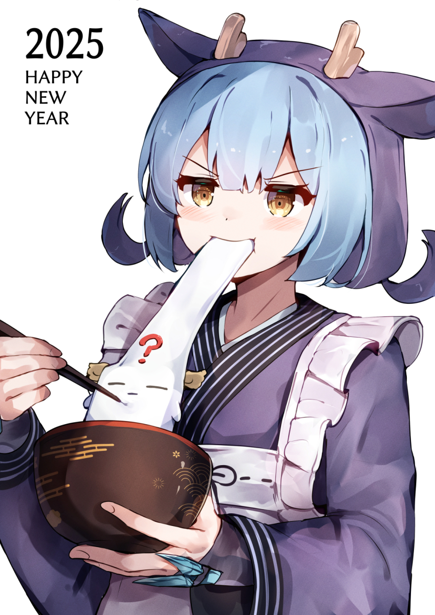 1girl 2025 blue_hair blue_kimono bowl chopsticks dragon_girl dragon_horns duel_monster eating english_text food happy_new_year highres holding holding_bowl horns japanese_clothes kimono laundry_dragonmaid maid mochi mokey_mokey new_year se-u-ra solo upper_body wa_maid white_background yellow_eyes yu-gi-oh!