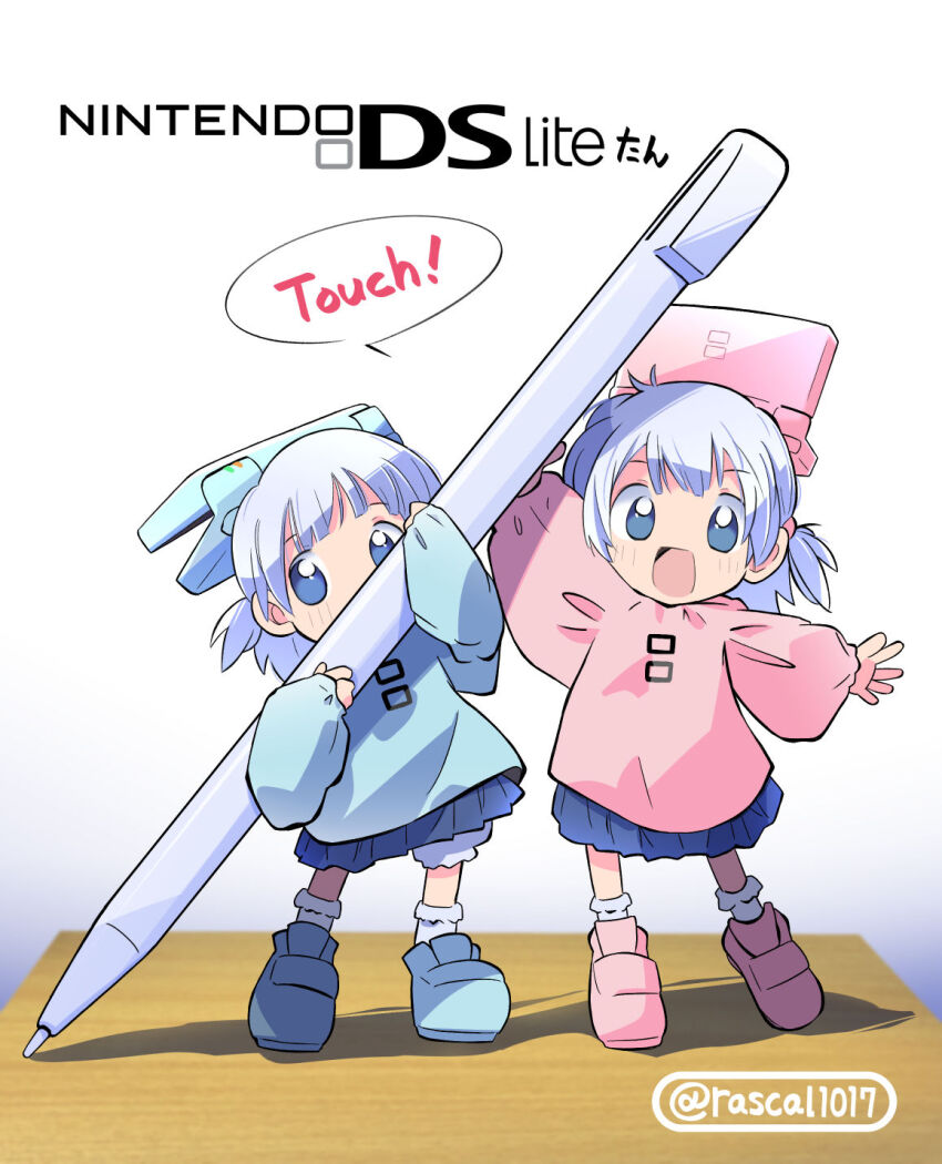 2girls :d blue_eyes blue_footwear blue_shirt blue_skirt blunt_bangs child commentary_request good_twins_day handheld_game_console highres holding holding_stylus loafers low_twintails multiple_girls nintendo nintendo_ds_lite open_mouth original personification pink_footwear pink_shirt pleated_skirt rascal_(feuille) shirt shoes siblings sisters skirt smile smock stylus twins twintails twitter_username white_hair wispy_bangs wooden_floor