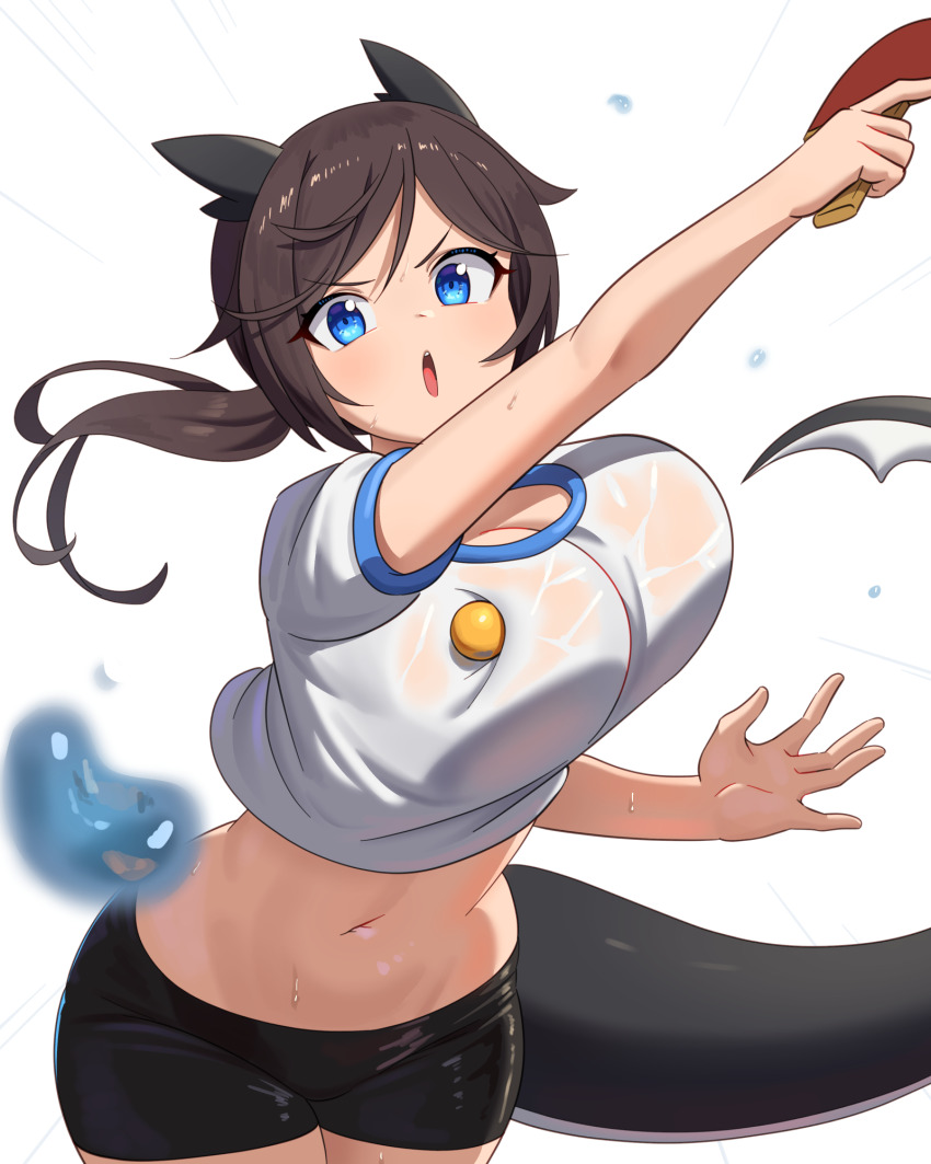 1girl \||/ ajidot animal_ears ball black_shorts blue_eyes breasts brown_hair cetacean_tail cleavage commentary cowboy_shot dot_nose fake_animal_ears fins fish_tail forehead highres large_breasts legs_together long_hair midriff navel open_mouth original outstretched_arm parted_bangs ponytail shadow shirt short_shorts short_sleeves shorts simple_background solo speed_lines symbol-only_commentary table_tennis table_tennis_ball tail teeth upper_teeth_only v-shaped_eyebrows water_drop wet wet_clothes wet_shirt white_background white_shirt