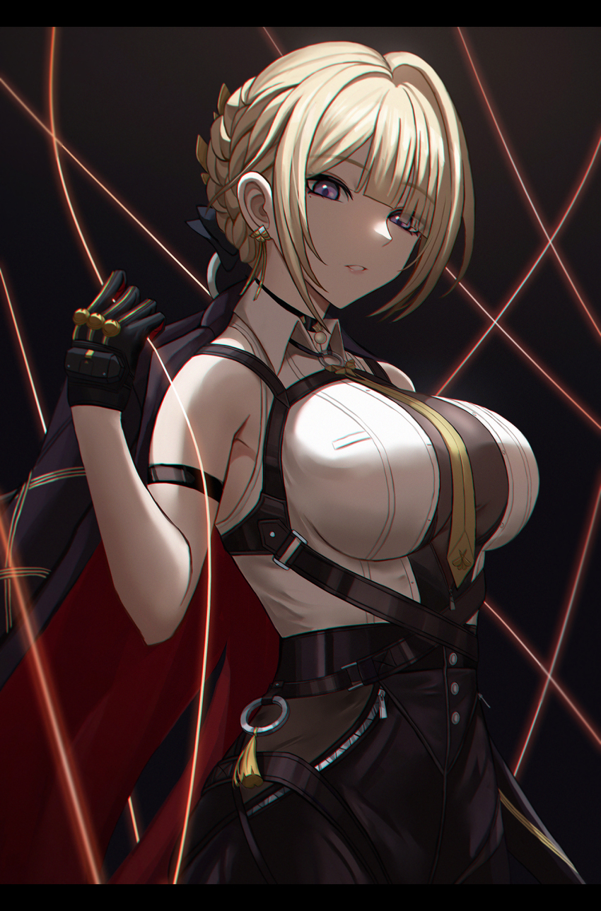 1girl black_background black_choker black_gloves blonde_hair breasts choker collared_shirt earrings evelyn_chevalier gloves hand_up highres jewelry large_breasts looking_at_viewer looking_to_the_side mole mole_under_eye parted_lips purple_eyes selcky shirt simple_background solo zenless_zone_zero