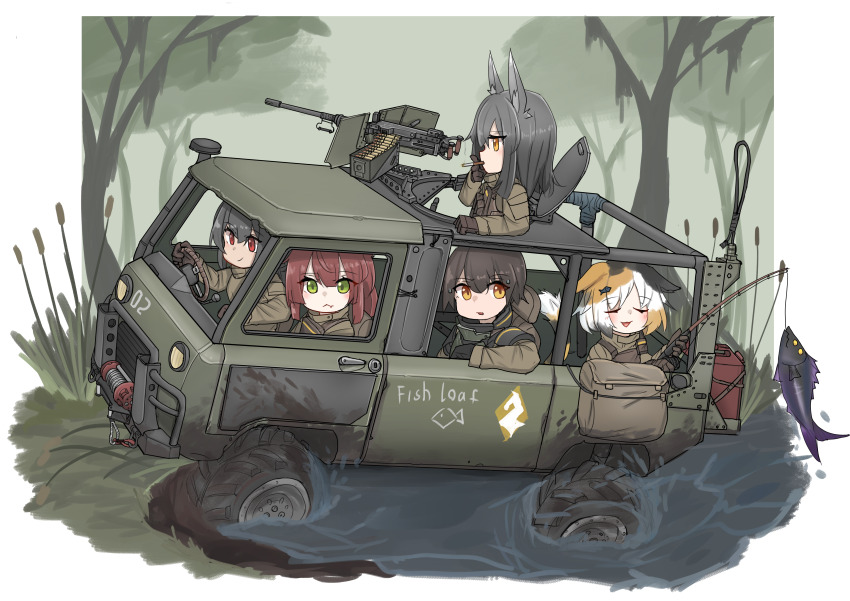 5girls absurdres animal_ear_fluff animal_ears black_hair brown_eyes brown_hair car chibi cigarette closed_mouth commentary driving english_commentary expressionless fish fishing_rod green_eyes gun hair_between_eyes highres holding holding_fishing_rod long_hair long_sleeves machine_gun military motor_vehicle multiple_girls open_mouth original outdoors red_eyes short_hair smile smoking srtdrawart tactical_clothes tail weapon