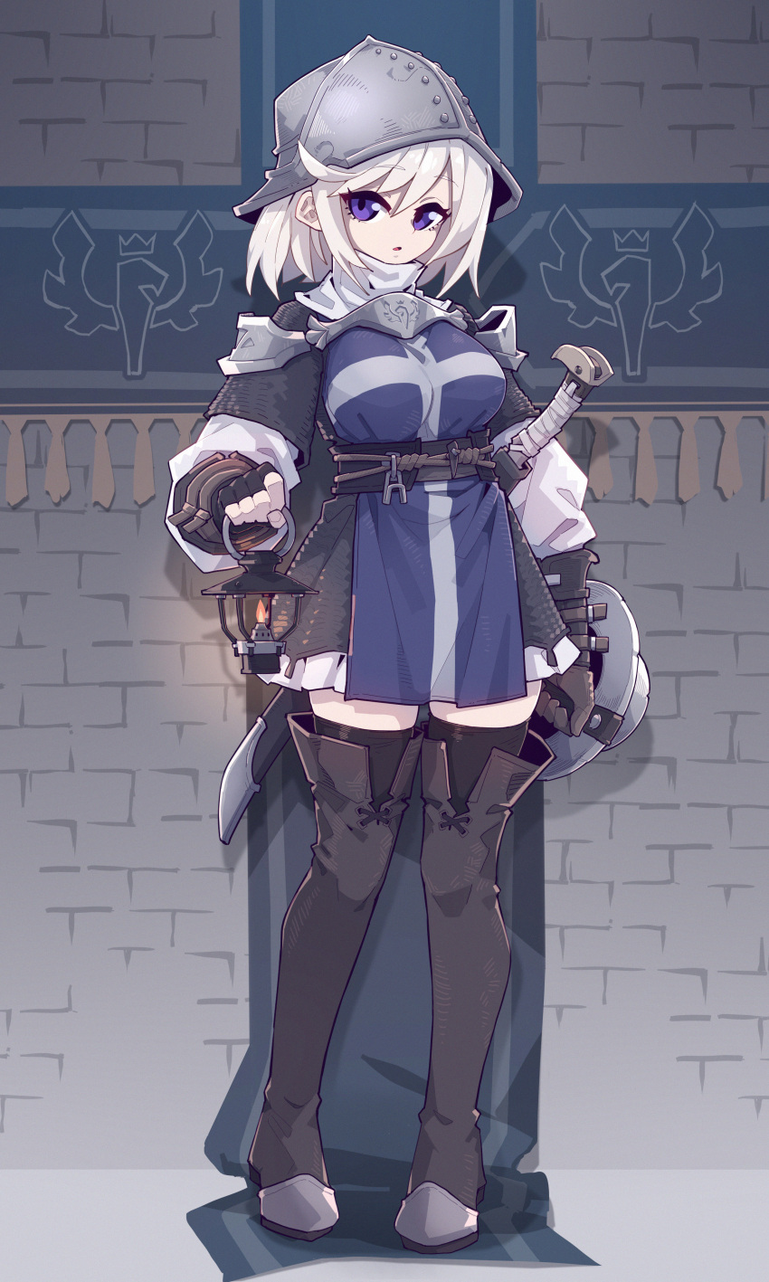 1girl absurdres armor black_pantyhose boots breasts gloves helmet highres imazawa lamp large_breasts original pantyhose purple_eyes sword thigh_boots thighhighs weapon white_hair zettai_ryouiki