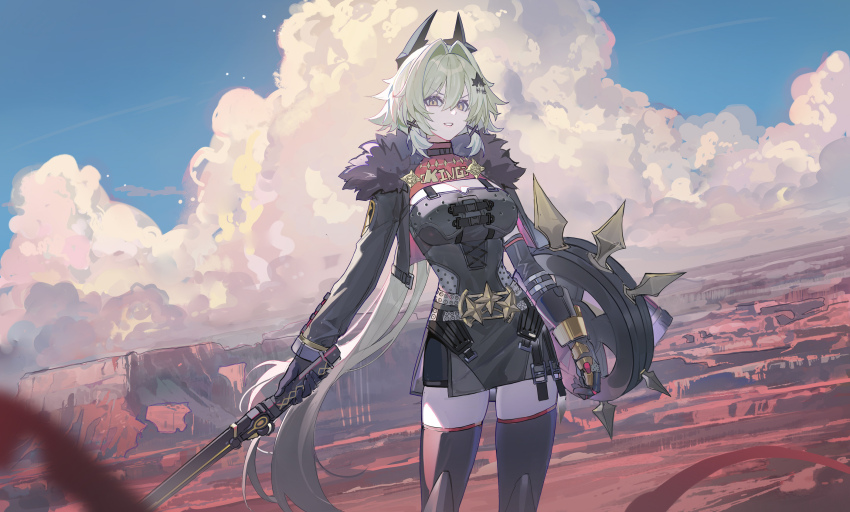 1girl black_gloves black_jacket black_thighhighs blush breasts caesar_king_(zenless_zone_zero) echj feet_out_of_frame fur_trim gloves green_hair hair_between_eyes hair_intakes hair_ornament highres holding holding_shield holding_sword holding_weapon horns jacket large_breasts long_hair looking_at_viewer prosthesis prosthetic_arm shield smile solo standing sword thighhighs weapon yellow_eyes zenless_zone_zero