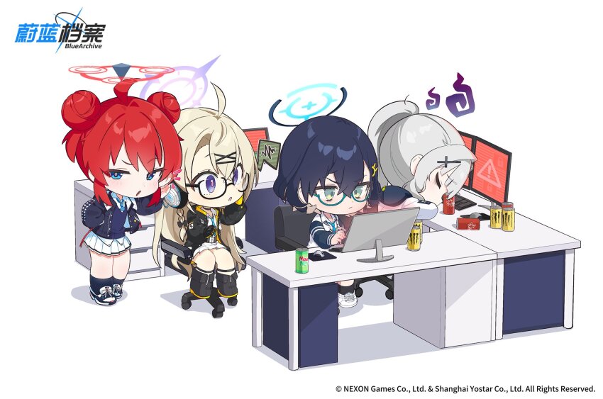 4girls ahoge bags_under_eyes black_choker blue_archive blue_eyes blue_hair braid can chair chibi chihiro_(blue_archive) choker collared_shirt commentary_request computer_keyboard cross_hair_ornament double_bun energy_drink glasses gloves grey_hair hair_bun hair_ornament hairclip halo hand_in_pocket hare_(blue_archive) headphones highres hood hood_down jacket kekek korean_commentary kotama_(blue_archive) logo long_hair long_sleeves maki_(blue_archive) monitor multiple_girls necktie official_art open_clothes open_jacket parted_lips pleated_skirt ponytail purple_eyes red_hair shirt shoes short_hair side_braid simple_background sitting skirt socks standing typing white_background white_skirt