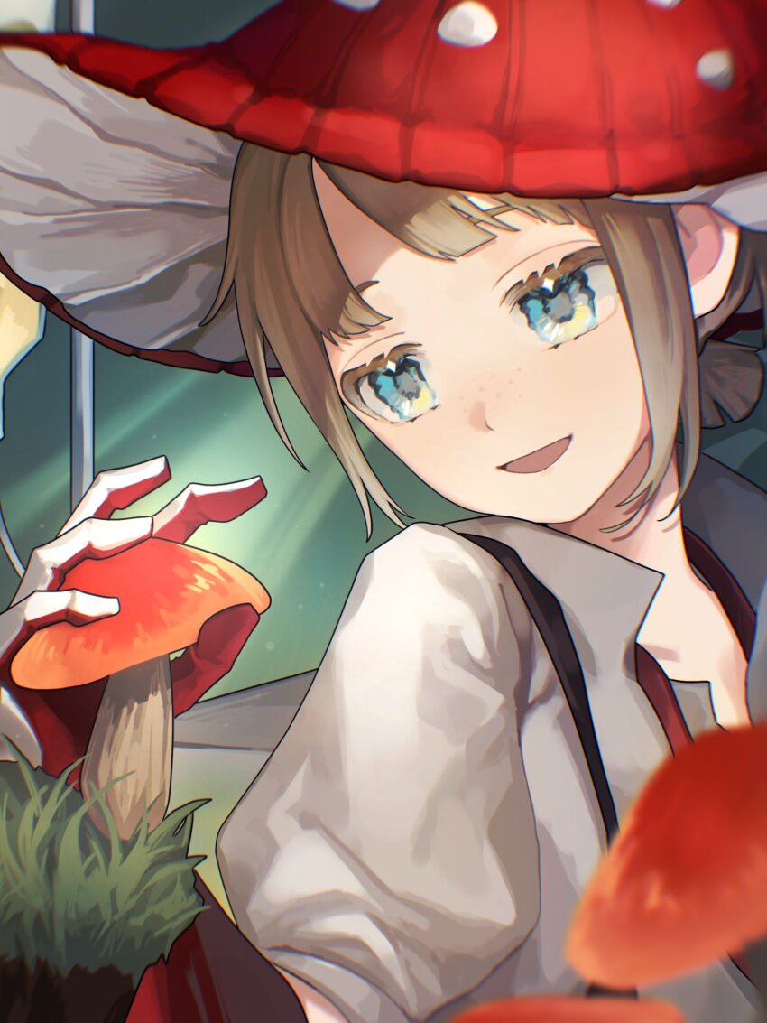 1boy :d ajinasi_nori blonde_hair blue_eyes ezra_theodore gloves hand_up hat highres holding holding_mushroom looking_at_object looking_to_the_side male_focus mushroom mushroom_hat open_mouth puffy_short_sleeves puffy_sleeves red_gloves red_hat reverse:1999 shirt short_hair short_sleeves smile solo turning_head upper_body white_shirt