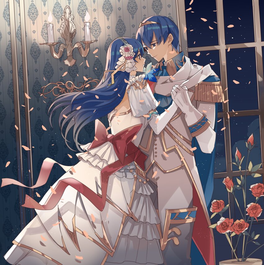 1boy 1girl absurdres back_bow backless_dress backless_outfit blue_eyes blue_hair bow caeda_(talys&#039;s_bride)_(fire_emblem) caeda_(fire_emblem) candle couple dancing dress elbow_gloves fire_emblem fire_emblem:_mystery_of_the_emblem fire_emblem_heroes flower formal gloves highres holding_hands indoors kazuha_(kazuha1003) long_hair looking_at_another marth_(fire_emblem) marth_(groom)_(fire_emblem) night nintendo official_alternate_costume petals red_bow red_flower red_rose rose short_hair smile suit tiara waltz_(dance) wedding_dress white_dress white_gloves white_suit window