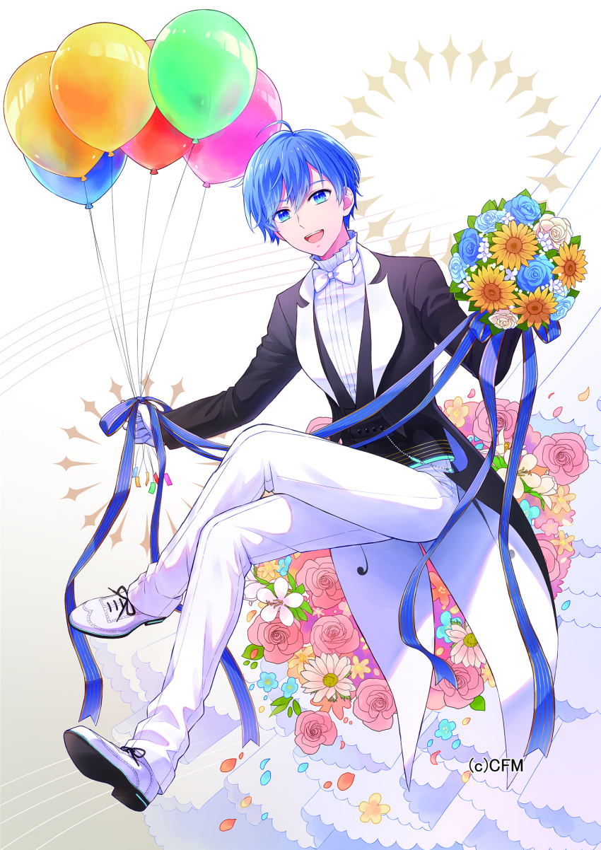 1boy aqua_flower aqua_rose azaka_(pipponao) balloon black_jacket black_vest blue_eyes blue_flower blue_hair blue_ribbon blue_rose bouquet bow bowtie circle clothing_cutout colorful crossed_legs crypton_future_media dress_shoes flower formal_clothes full_body gloves gold_trim gradient_background grey_background high_collar highres holding holding_balloon holding_bouquet jacket kaito_(vocaloid) leaf looking_at_viewer male_focus miku_symphony_(vocaloid) open_mouth orange_flower pant_suit pants petals pink_flower pink_rose ribbon rose shirt shoelaces shoes simple_background smile striped_ribbon suit suit_jacket sunflower tailcoat teeth triple_horizontal_stripe upper_teeth_only vest vocaloid white_background white_bow white_bowtie white_flower white_footwear white_gloves white_pants white_rose white_shirt wing_collar yellow_flower