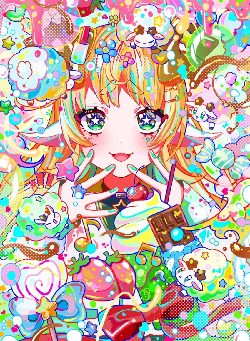 1girl animal animal_ears blonde_hair bow candy cherry chocolate colorful commentary_request dripping food fruit green_eyes green_nails hands_up highres ice_cream ice_cream_float lollipop looking_at_viewer mayokichi_(user_vacf3782) melon_soda musical_note open_mouth original ribbon sheep sheep_ears sheep_girl smile solo star-shaped_pupils star_(symbol) strawberry symbol-shaped_pupils upper_body