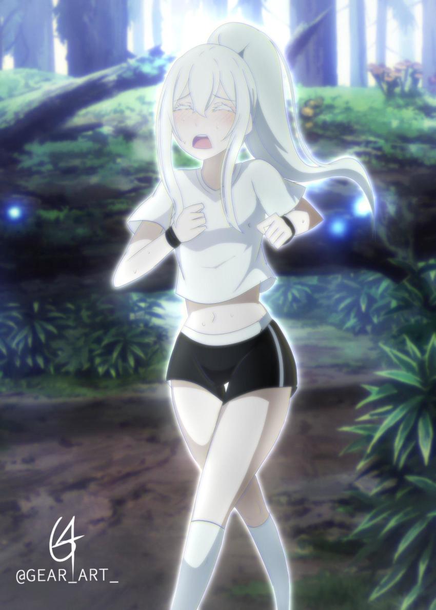 1girl bloomers breasts calf_socks cedric_(gear_art) closed_eyes crop_top echidna_(re:zero) forest highres long_hair nature ponytail re:zero_kara_hajimeru_isekai_seikatsu running short_shorts shorts small_breasts sweat underwear white_background wide_hips wristband