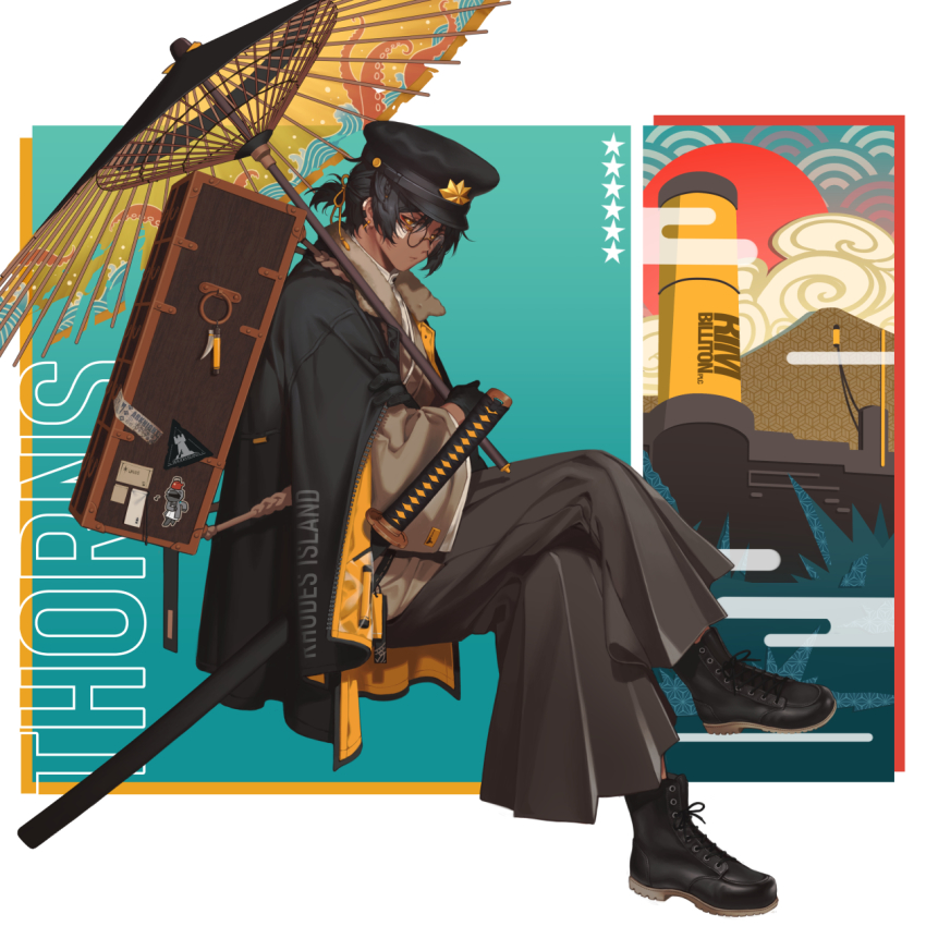 1boy arknights black_gloves black_hair black_hat character_name commentary copyright_name crossed_legs dark-skinned_male dark_skin doctor_(arknights) earrings english_commentary glasses gloves hat highres holding holding_umbrella jacket jacket_on_shoulders japanese_clothes jewelry long_sleeves male_focus manjyufroth oil-paper_umbrella pants ponytail rhodes_island_logo_(arknights) round_eyewear sheath sheathed shoes short_hair short_ponytail solo sticker sword taishou teapot thorns_(arknights) umbrella weapon wide_sleeves yellow_eyes