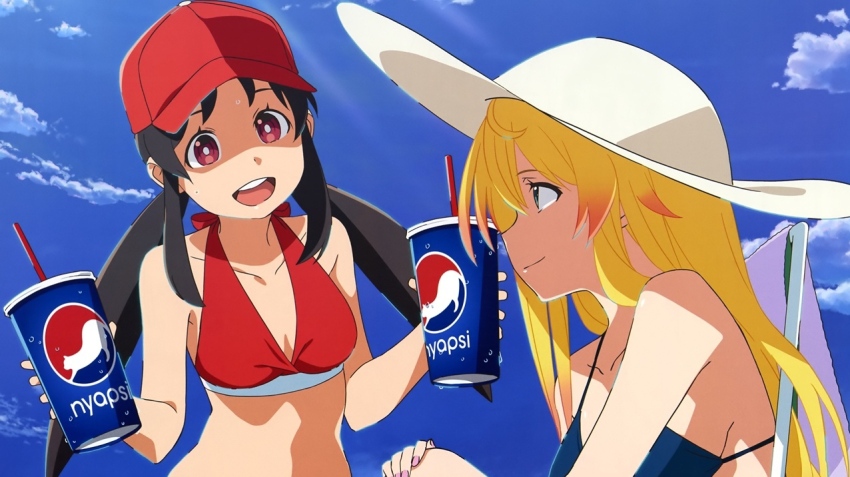 2girls anime_screenshot blue_background blue_sky blush eiga_daisuki_pompo-san female_focus happy juice long_sleeves looking_at_another multiple_girls mystia_(eiga_daisuki_pompo-san) nathalie_woodward sky