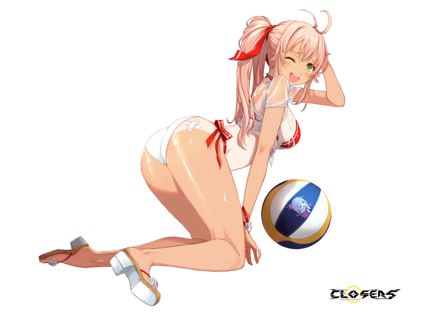 1girl ;d antenna_hair ass bandaid bandaid_on_ass bare_legs bikini blonde_hair blush breasts closers copyright_name crossed_bandaids embarrassed flower footwear_flower from_side full_body furrowed_brow green_eyes hair_ribbon hand_on_own_head hand_up highres kneeling leaning_forward logo long_hair looking_at_viewer medium_breasts mismatched_bikini official_art one-piece_tan one_eye_closed open_mouth ponytail red_bikini red_ribbon ribbon sandals see-through_clothes see-through_shirt shirt short_sleeves side-tie_bikini_bottom smile solo soma_(closers) sweat swimsuit tachi-e tan tanline teeth tied_shirt upper_teeth_only variant_set volleyball wet wet_clothes wet_shirt white_background white_bikini white_flower white_footwear white_shirt wrist_ribbon