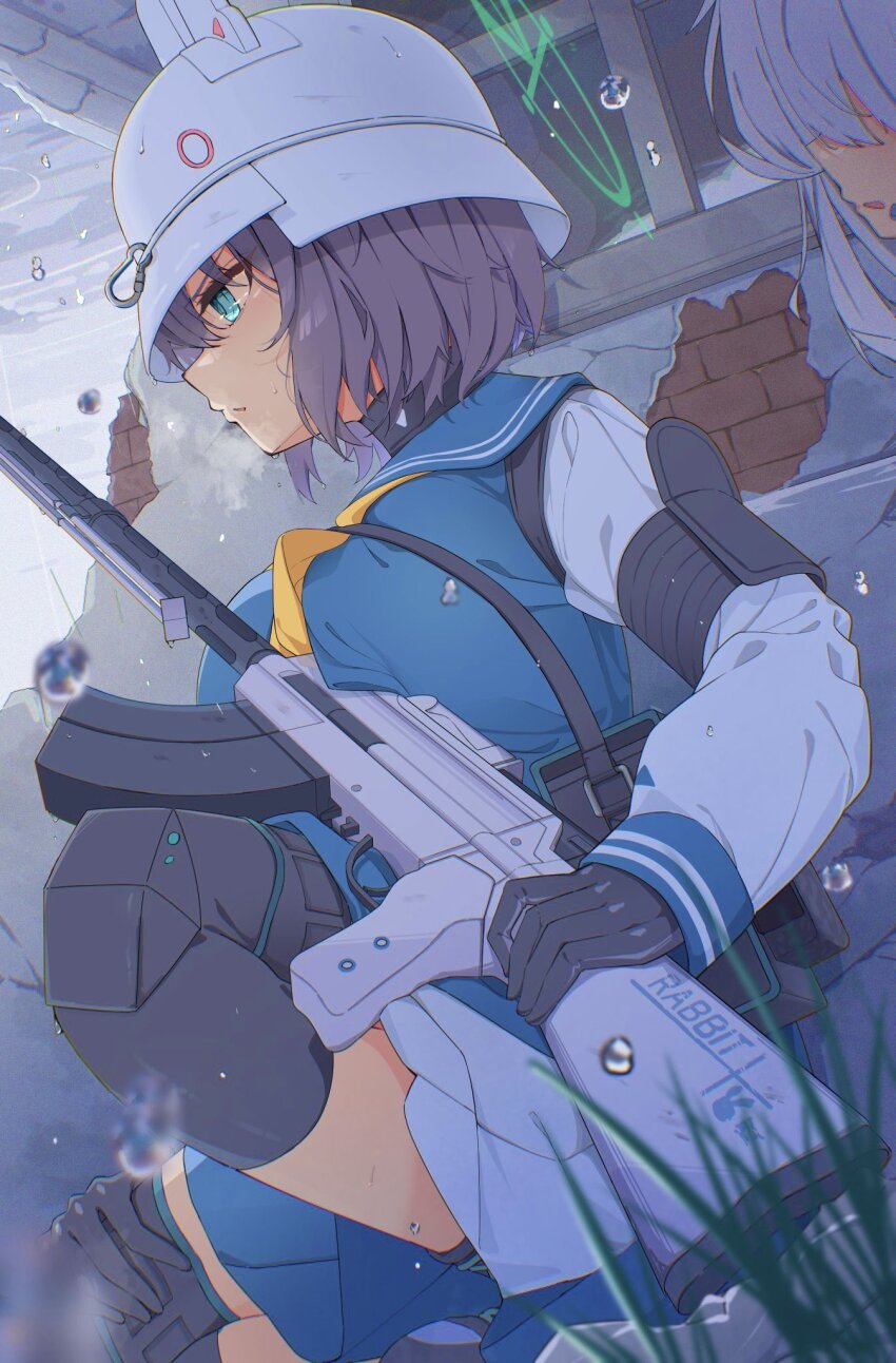 2girls blue_archive breasts brick brick_wall combat_helmet gloves green_eyes gun halo hasu202mm hat helmet highres knee_pads lahti-saloranta_m/26 large_breasts light_machine_gun long_hair long_sleeves machine_gun miyako_(blue_archive) multiple_girls purple_hair rain saki_(blue_archive) short_hair skirt stahlhelm water_drop weapon white_helmet