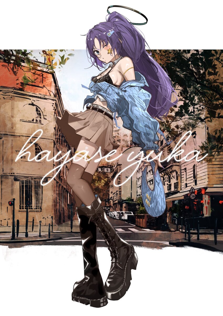 1girl alternate_costume belt black_halo blue_archive boots brown_skirt casual character_name halo highres mechanical_halo navel ponytail purple_eyes purple_hair skirt solo spirit t.k.c yuuka_(blue_archive)