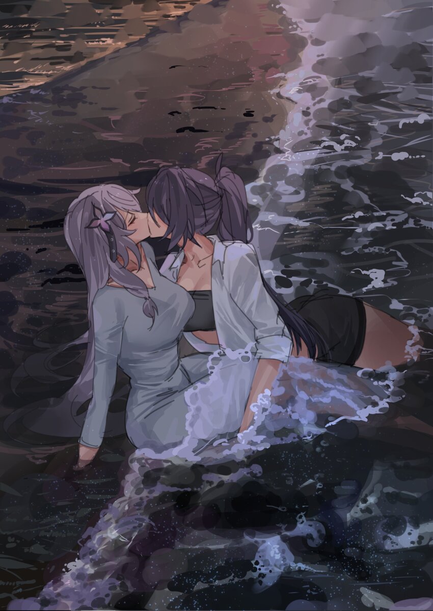 2girls absurdres acheron_(honkai:_star_rail) beach black_shorts black_swan_(honkai:_star_rail) black_tube_top breasts closed_eyes collared_shirt dress grey_dress hair_ornament hairpin high_ponytail highres honkai:_star_rail honkai_(series) in_water kiss korean_commentary long_hair lying multiple_girls ocean pink_hair profile purple_hair sc_cex shirt shorts sitting strapless tube_top water waves wet wet_clothes white_shirt yuri