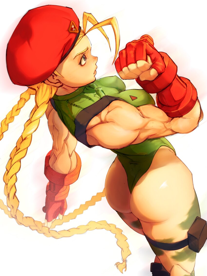 1girl absurdres ass beret blonde_hair blue_eyes braid breasts cammy_white fingerless_gloves gloves green_leotard hat highleg highleg_leotard highres leotard long_hair medium_breasts muscular muscular_arms muscular_female ramitto simple_background solo standing street_fighter street_fighter_ii_(series) thong_leotard twin_braids white_background