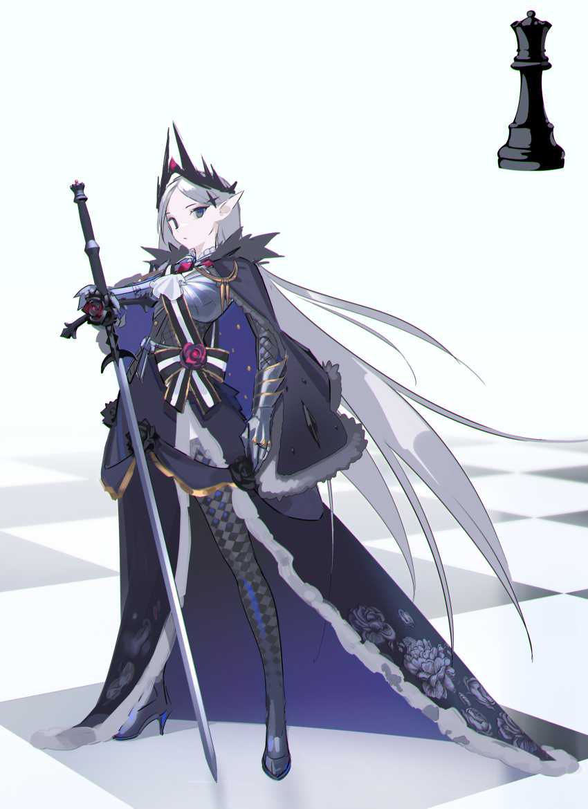 1girl absurdres argyle_clothes argyle_thighhighs black_eyes black_flower black_rose cape chess_piece chessboard closed_mouth crown flower gauntlets grey_hair high_heels highres holding holding_sword holding_weapon long_hair looking_at_viewer milim_nova original personification pointy_ears purple_skirt queen_(chess) rook_(chess) rose skirt solo standing sword thighhighs two-sided_cape two-sided_fabric very_long_hair weapon zweihander