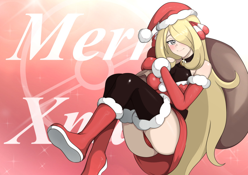 1girl absurdres alternate_costume ass bell blonde_hair boots breasts christmas closed_mouth commentary creatures_(company) cynthia_(pokemon) elbow_gloves game_freak gloves grey_eyes hair_ornament hat highres holding holding_sack long_hair looking_at_viewer merry_christmas mittens neck_bell nintendo nivi poke_ball_symbol pokemon pokemon_dppt red_footwear red_gloves red_hat red_mittens sack smile solo thighhighs