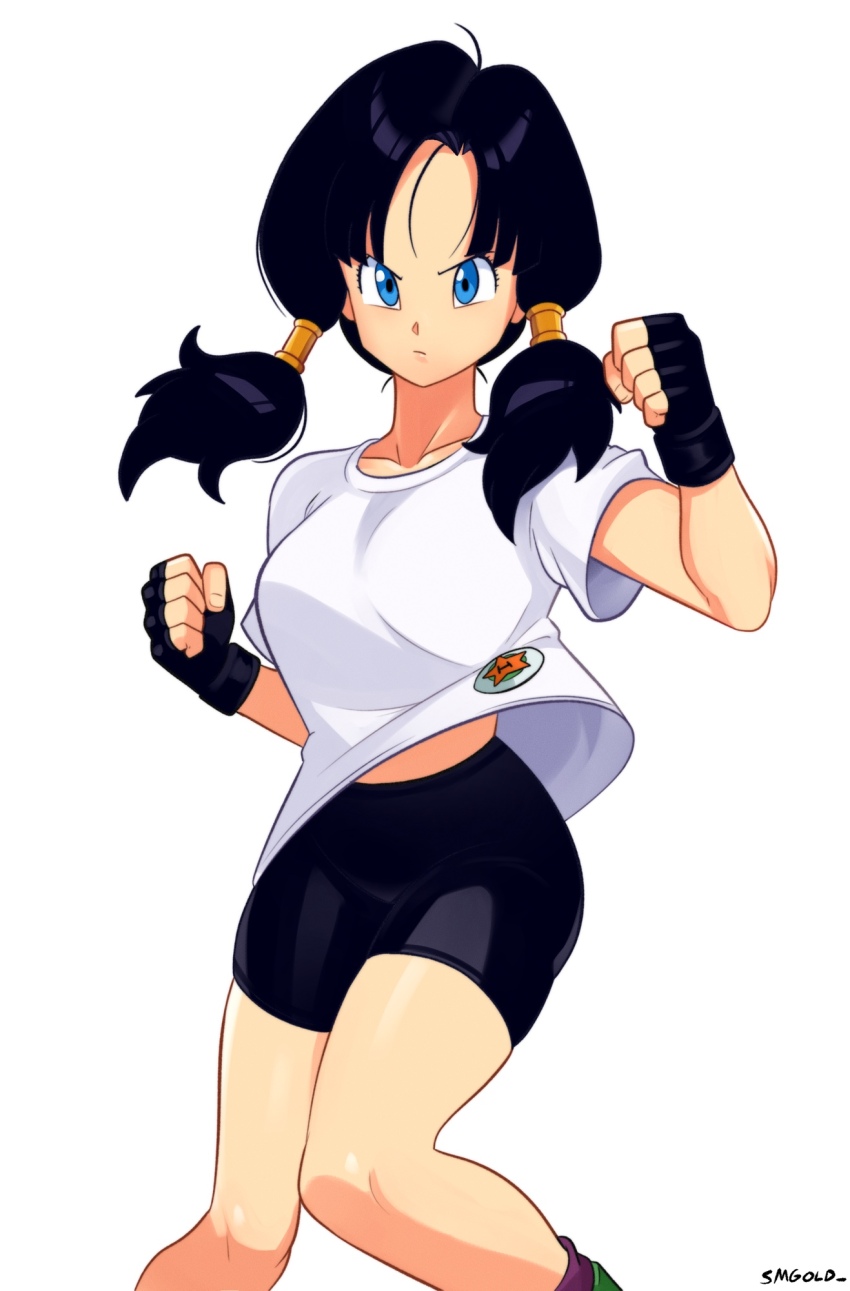 1girl artist_name bike_shorts black_hair black_shorts blue_eyes breasts clenched_hands closed_mouth collarbone dragon_ball dragonball_z highres large_breasts looking_at_viewer orange_star_high_school shirt shorts simple_background smgold solo star_(symbol) t-shirt videl white_background white_shirt