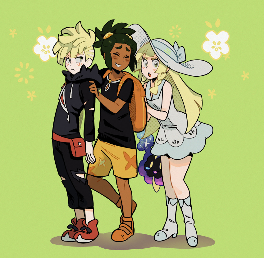 1girl 2boys absurdres backpack bag black_hoodie blonde_hair blush blush_stickers brother_and_sister closed_eyes cosmog creatures_(company) dark-skinned_male dark_skin dress flower_symbol full_body game_freak gen_7_pokemon gladion_(pokemon) green_eyes green_hair hat hau_(pokemon) highres hood hoodie legendary_pokemon lillie_(pokemon) looking_at_viewer multiple_boys nintendo pokemon pokemon_(creature) pokemon_sm rockboi4u siblings standing white_dress white_hat