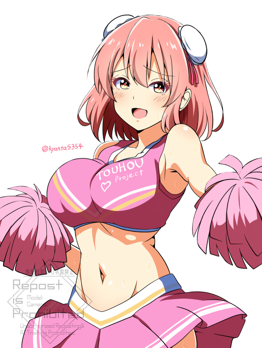 1girl alternate_costume blush breasts bun_cover cheerleader clothes_writing commentary_request cowboy_shot crop_top double_bun hair_between_eyes hair_bun highres holding holding_pom_poms ibaraki_kasen kyanta5354 large_breasts looking_at_viewer midriff navel open_mouth pink_hair pink_shirt pink_skirt pleated_skirt pom_pom_(cheerleading) pom_poms shirt short_hair simple_background skirt sleeveless sleeveless_shirt smile solo touhou twitter_username watermark white_background yellow_eyes