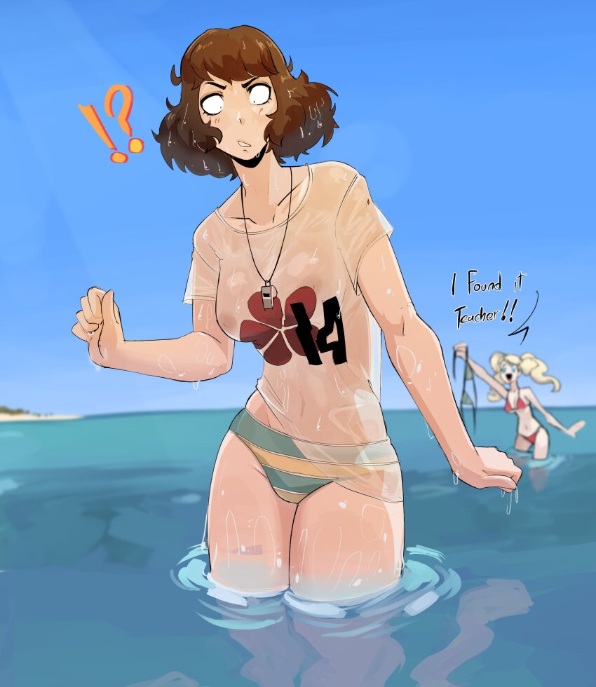 absurdres bikini black_hair blonde_hair blush breasts brown_eyes brown_hair cleavage collarbone cupperexe highres kawakami_sadayo large_breasts looking_at_viewer medium_breasts navel nipples persona persona_5 shirt short_hair striped_clothes swimsuit takamaki_anne wet