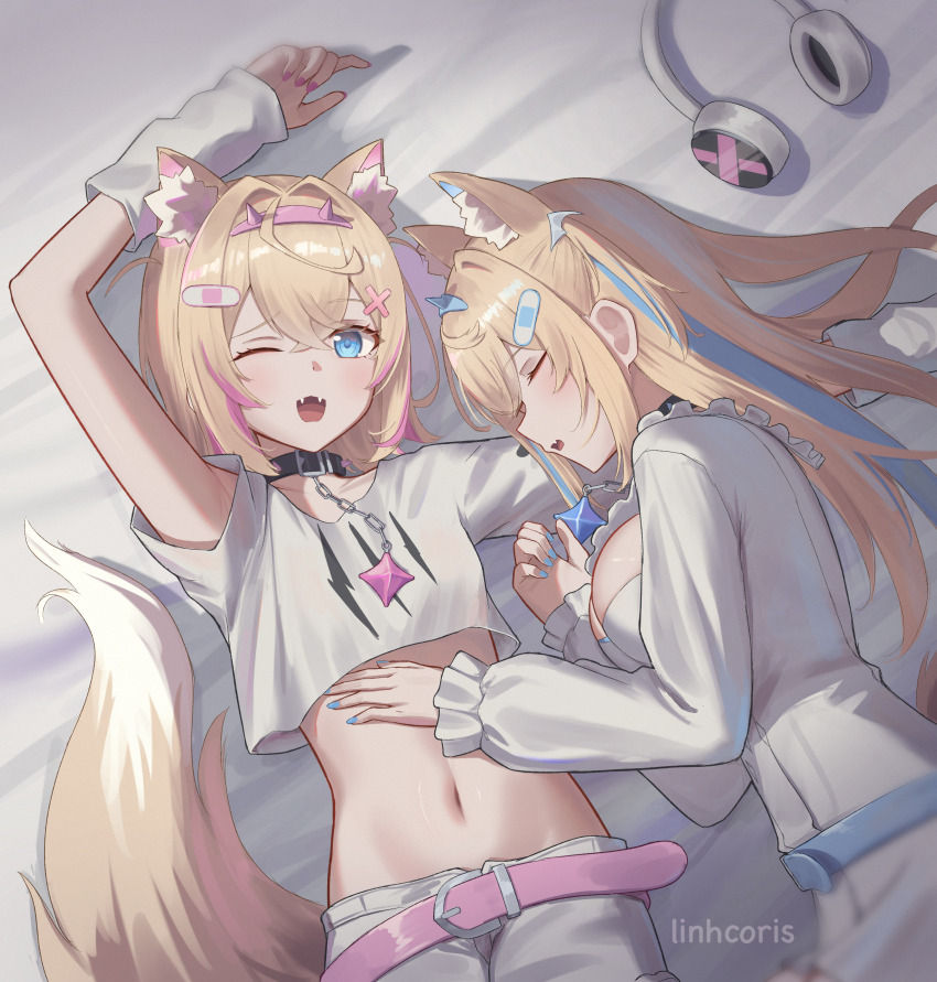 2girls absurdres arm_warmers belt blonde_hair blue_eyes breasts collar crop_top crop_top_overhang fuwawa_abyssgard headphones highres hololive hololive_english jewelry large_breasts linhcoris long_hair mococo_abyssgard multiple_girls navel necklace one_eye_closed shirt sleeping small_breasts stomach t-shirt tail virtual_youtuber