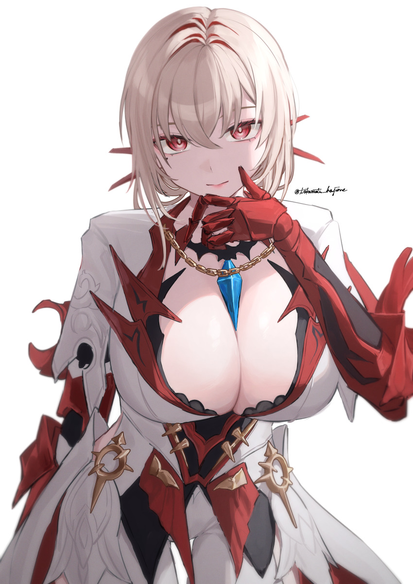 1girl absurdres bianca_(pgr) blonde_hair blue_gemstone breasts cleavage closed_mouth crossed_bangs dress gem hair_between_eyes highres large_breasts light_brown_hair mechanical_arms mechanical_hands punishing:_gray_raven red_eyes signature solo takamatu_hajime twitter_username white_dress