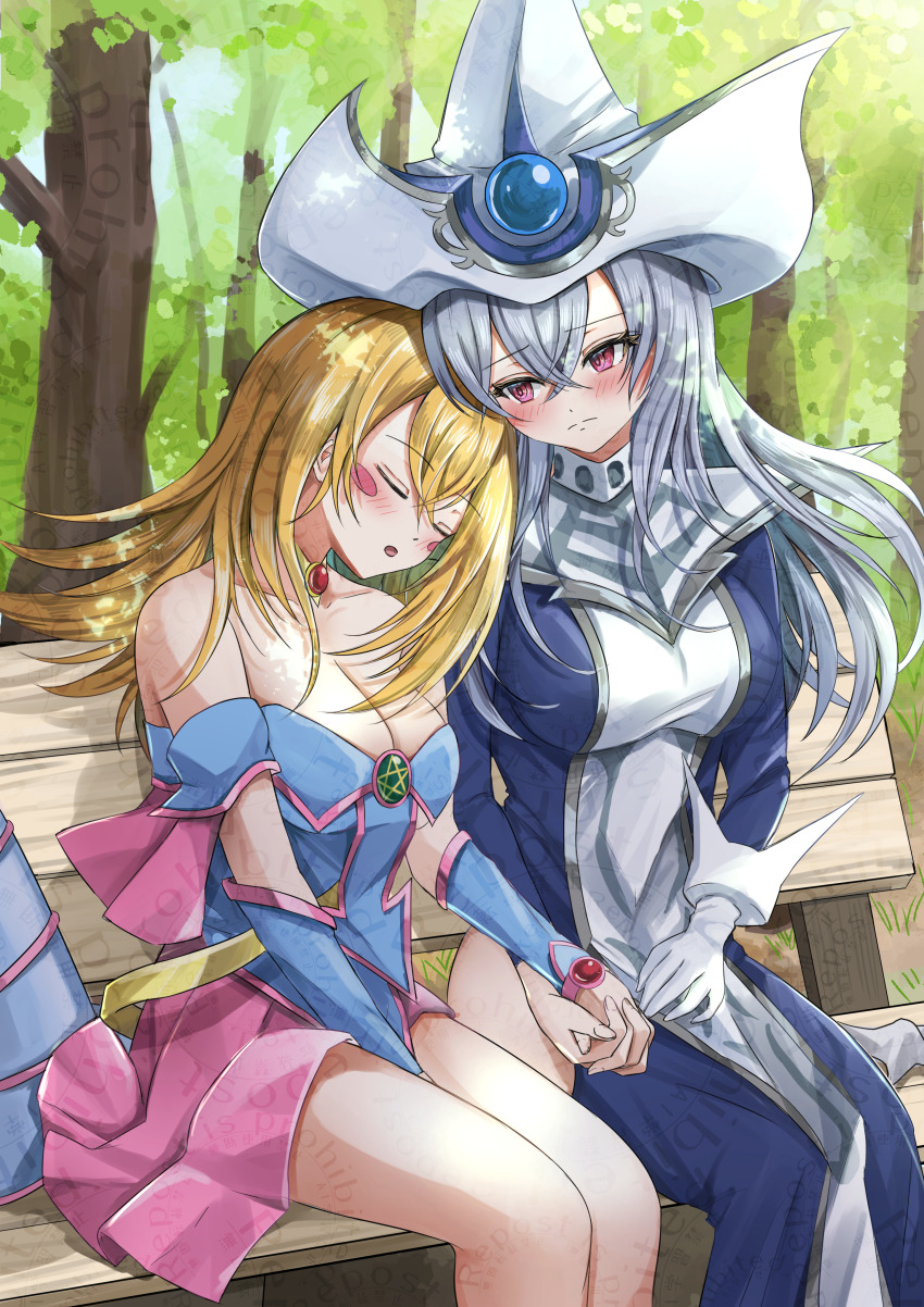 absurdres bare_shoulders bench blonde_hair blue_dress blue_robe blush_stickers breasts cleavage dark_magician_girl dress duel_monster grey_hair hat head_on_another&#039;s_shoulder highres large_breasts misakura_aoi outdoors pink_skirt red_eyes robe silent_magician sitting skirt sleeping tree white_hat yu-gi-oh!