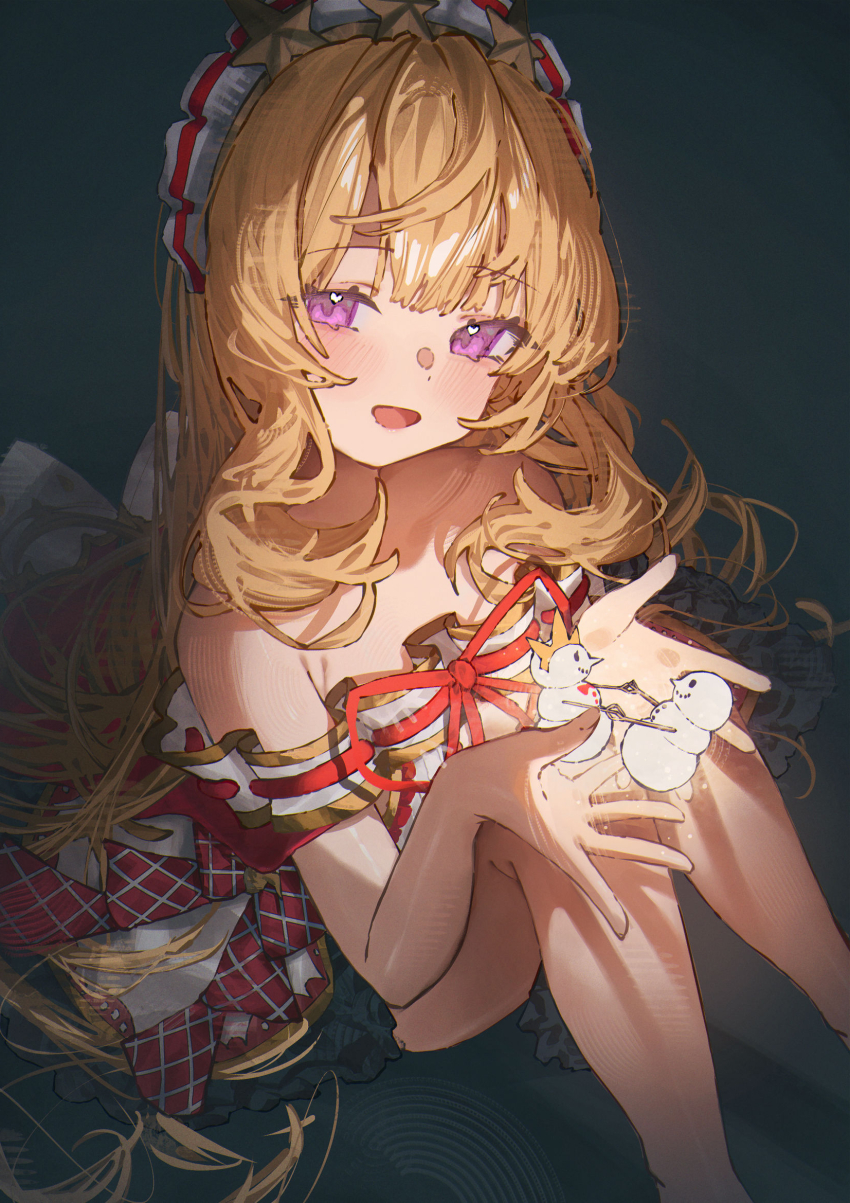 1girl bare_legs bare_shoulders betabeet black_skirt blonde_hair cagliostro_(granblue_fantasy) dress granblue_fantasy hair_between_eyes hairband highres holding_snowman lolita_hairband long_hair looking_at_viewer plaid_clothes plaid_dress purple_eyes red_ribbon ribbon sidelocks skirt