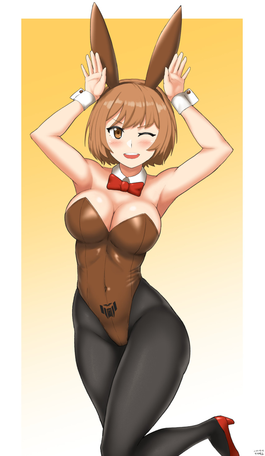 1girl animal_ears black_pantyhose bluedevil63 bow bowtie breasts brown_eyes brown_hair brown_leotard brownie_(last_origin) cleavage detached_collar fake_animal_ears gradient_background highres large_breasts last_origin leotard looking_at_viewer pantyhose playboy_bunny rabbit_ears rabbit_pose red_bow red_bowtie red_footwear short_hair solo strapless strapless_leotard wrist_cuffs yellow_background