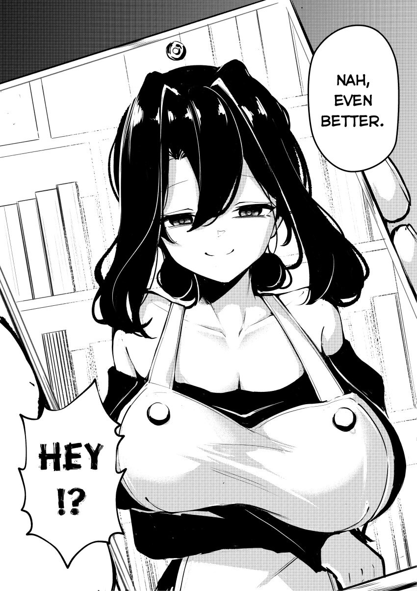 1boy 1girl absurdres book bookshelf breasts cellphone cellphone_photo cleavage clover_dot_(clov_erd) english_text highres large_breasts looking_at_viewer mature_female medium_hair original out_of_frame phone shouting smartphone smile speech_bubble