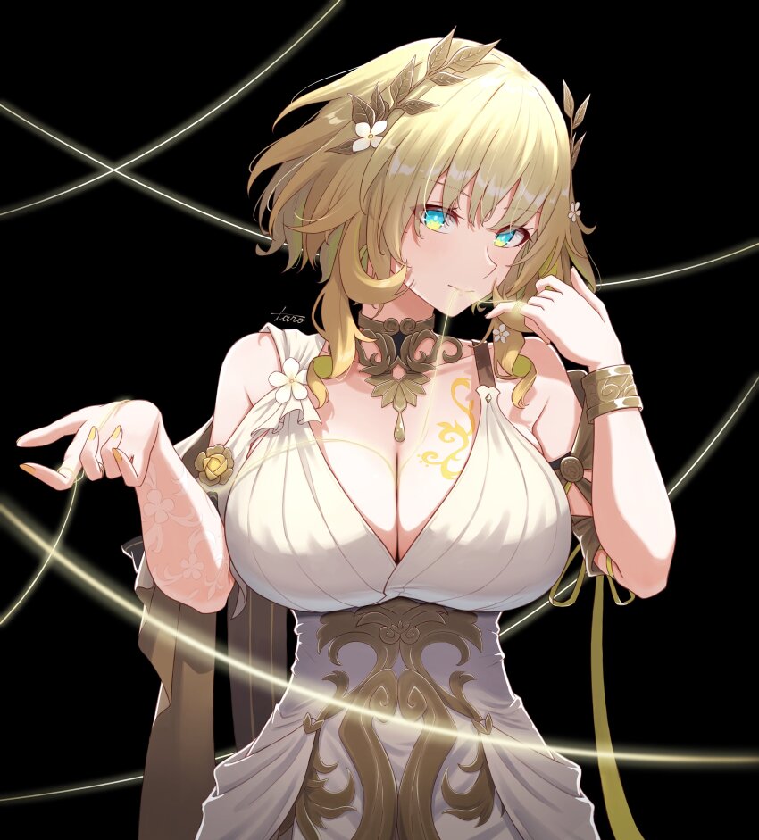 1girl absurdres aglaea_(honkai:_star_rail) ancient_greek_clothes black_background blonde_hair breasts cleavage commentary_request dress greco-roman_clothes green_eyes highres honkai:_star_rail honkai_(series) large_breasts laurel_crown nail_polish short_hair solo taro_(peach_taro51) thread upper_body white_dress