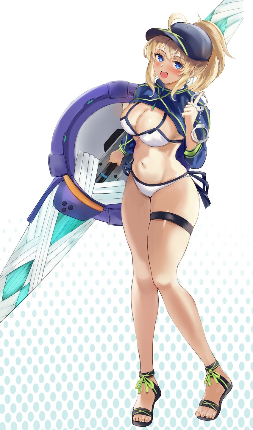 1girl absurdres ahoge artoria_pendragon_(fate) baseball_cap bikini blonde_hair blue_eyes blue_hat blue_jacket blush breasts cleavage cropped_jacket fate/grand_order fate_(series) full_body hat highres jacket klash lance large_breasts long_hair long_sleeves looking_at_viewer mysterious_heroine_x_(fate) mysterious_heroine_xx_(fate) navel open_mouth polearm ponytail sandals shrug_(clothing) sidelocks smile solo swimsuit twinmyniad_(fate) weapon white_bikini