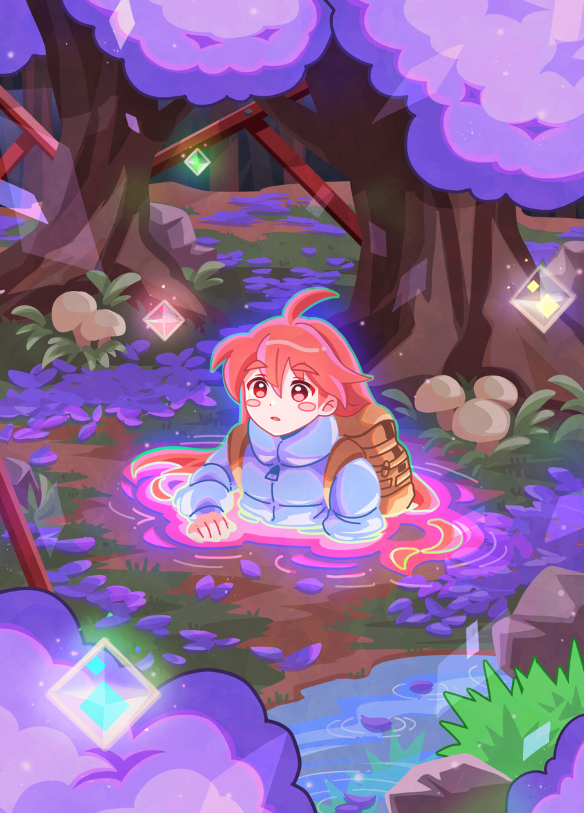 1girl ahoge blue_jacket brown_eyes celeste_(video_game) coat crystal fuwamoko_momen_toufu highres jacket leaf long_hair long_sleeves madeline_(celeste) orange_hair shirt solo tree very_long_hair water winter_clothes winter_coat zipper