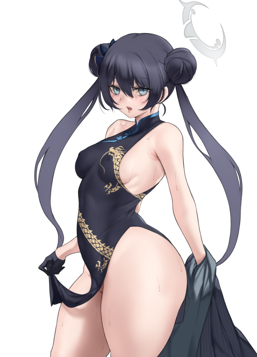 1girl aged_up aster_crowley bare_arms bare_shoulders black_dress black_gloves black_hair blue_archive blush breasts china_dress chinese_clothes double_bun dragon_print dress gloves hair_bun halo highres kisaki_(blue_archive) long_hair looking_at_viewer medium_breasts open_mouth sideboob simple_background thighs twintails white_background