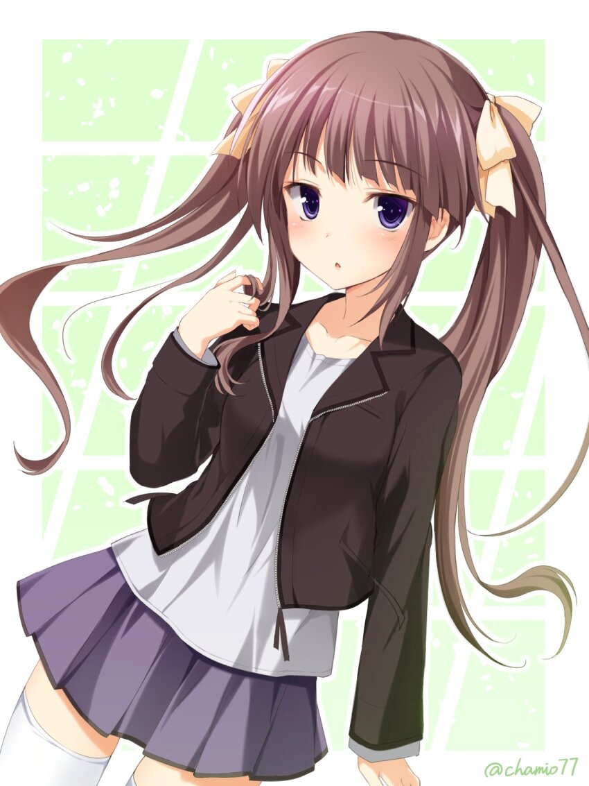 1girl arm_at_side black_jacket bow breasts brown_hair chaamii collarbone cowboy_shot expressionless green_background hair_bow hand_up hapymaher highres hirasaka_keiko jacket lapels long_hair looking_at_viewer miniskirt outline parted_lips purple_eyes purple_skirt shirt skirt small_breasts solo standing thighhighs twintails twirling_hair twitter_username white_background white_outline white_shirt white_thighhighs yellow_bow