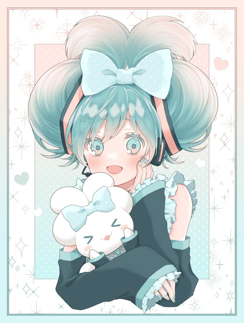 &gt;_&lt; 1girl :3 :d absurdres alternate_hairstyle aqua_bow aqua_eyes aqua_hair aqua_nails aqua_necktie black_shirt black_sleeves blush bow cinnamiku cinnamoroll cosplay creature detached_sleeves folded_twintails frilled_shirt frilled_sleeves frills hair_bow hand_on_own_cheek hand_on_own_face hatsune_miku hatsune_miku_(cosplay) highres holding holding_creature looking_at_viewer microphone monaka_(m0naka_xxx) necktie open_mouth portrait sanrio shirt sidelocks sleeveless sleeveless_shirt sleeves_past_wrists smile tied_ears updo vocaloid